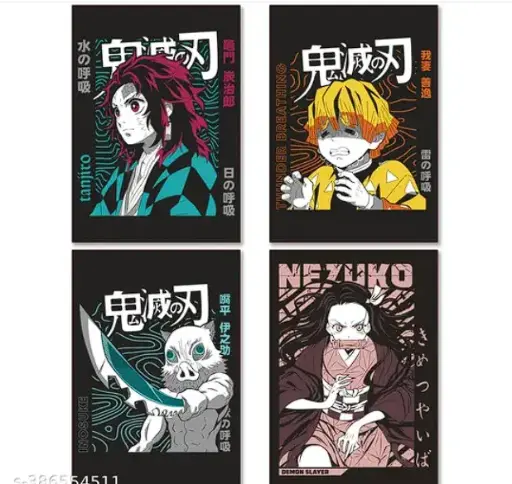 Pack of 4 Demon Slayer Poster | Anime Poster | HD Print | Size - A4 | Multicolor |