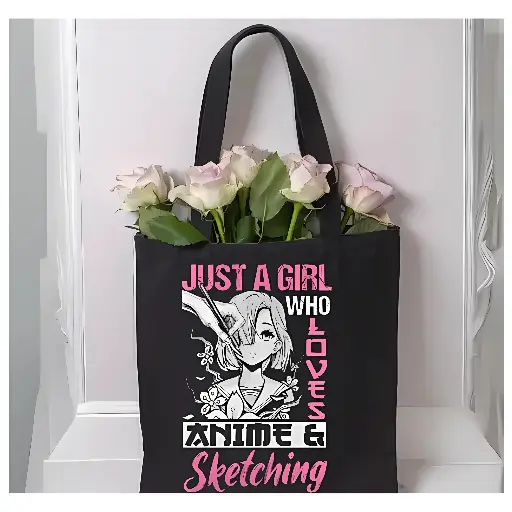 ANIME SLOGAN GIRL BLACK TOTE BAG